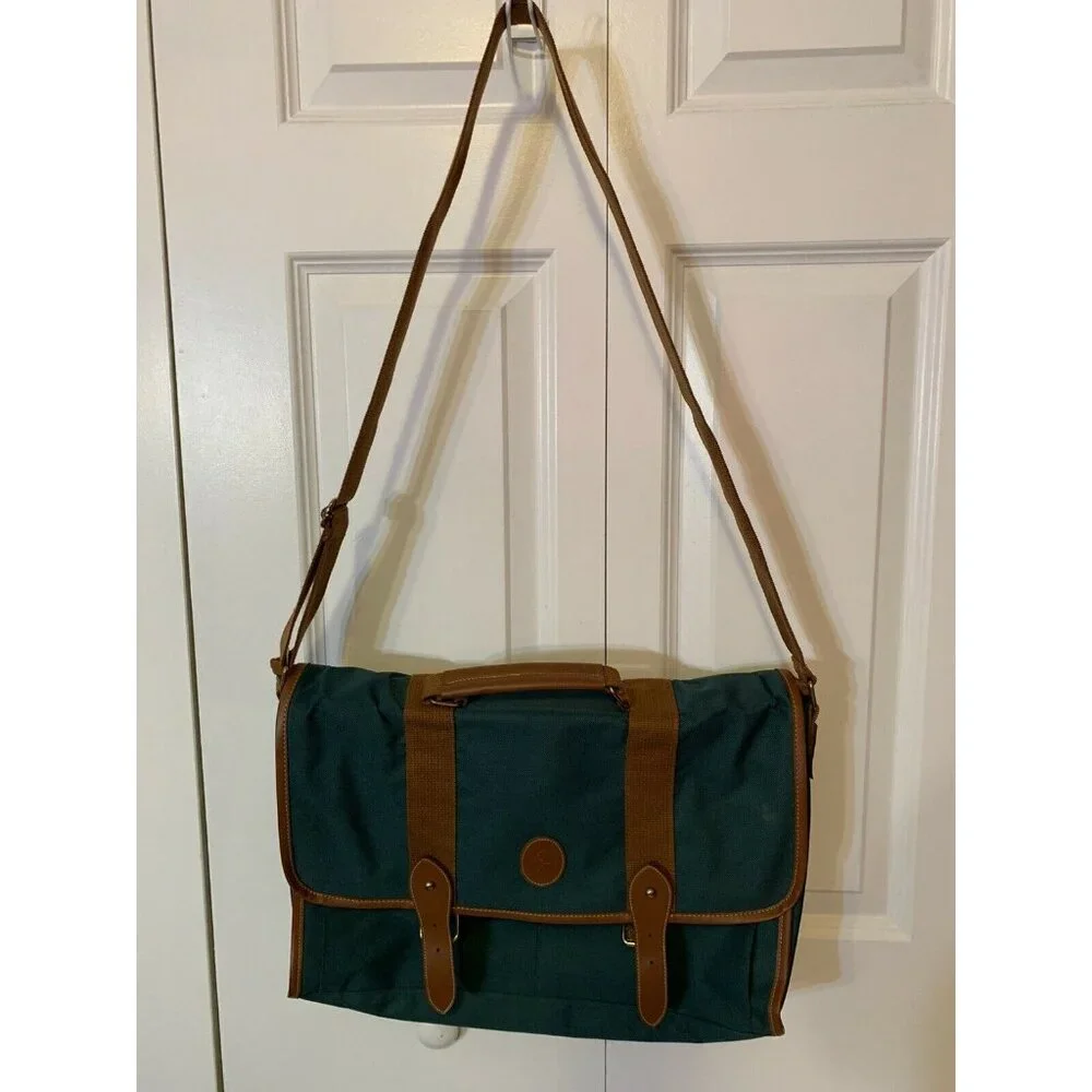 VTG Polo Ralph Lauren Canvas Courier Bag Green‎ Leather Trim Shoulder Crossbody
